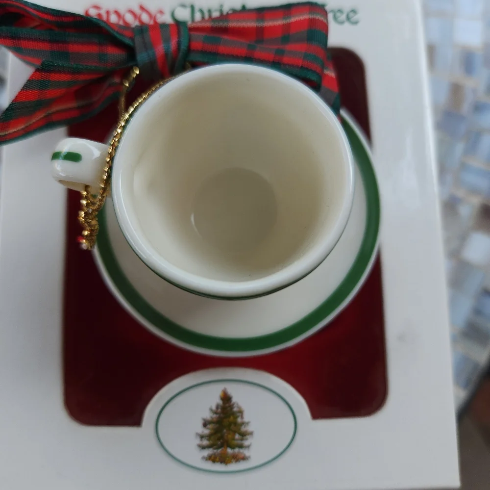Spode Christmas Tree Teacup Ornament with Red and Green Plaid Bow - Picture 3 of 10